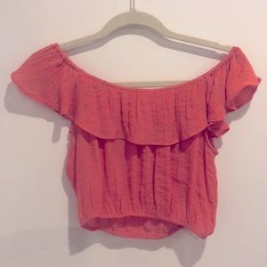 Salmon colour off the shoulder crop top